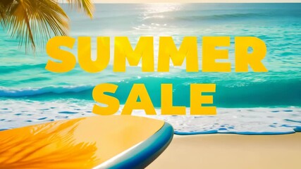 Vibrant tropical beach scene with surfboard and summer sale text overlay. Animated text "Summer Sale"