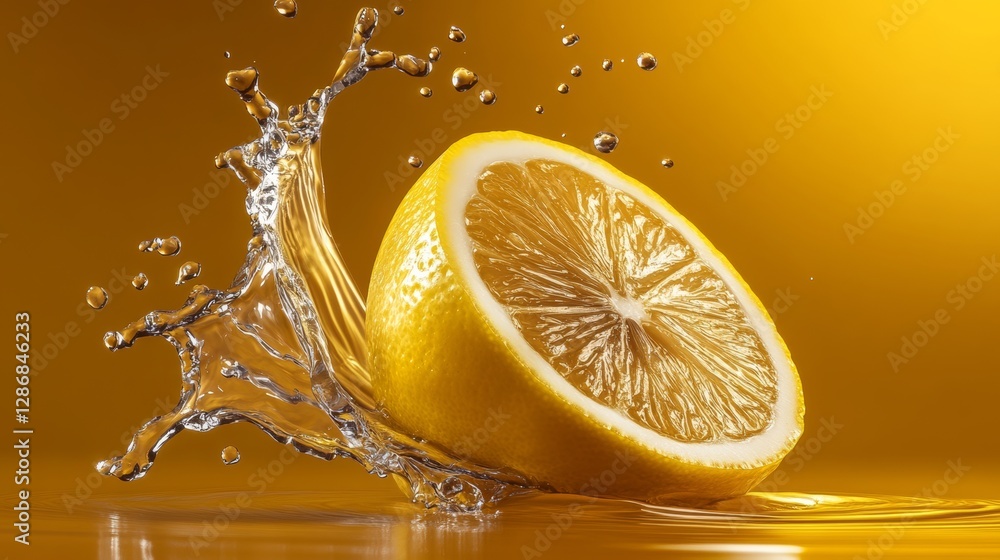 Poster splash of water surrounds a lemon slice. the water droplets are scattered around the lemon, creating