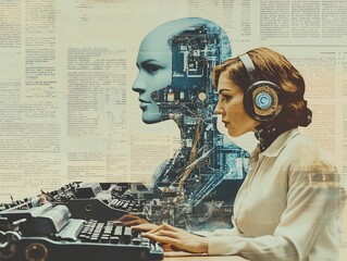 Collage depicting a woman at a typewriter with a robot head silhouette created from vintage newspaper clippings