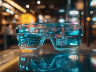 Augmented reality glasses displaying digital information in a contemporary setting