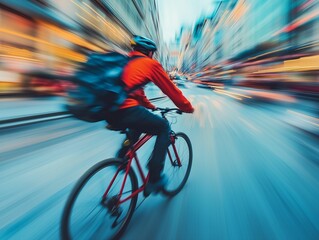 Bicycle courier navigates urban streets at high speed with motion blur capturing the city’s energy during daylight
