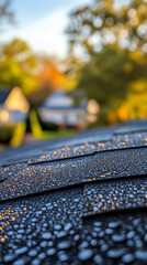 Close-up of a damp roof with water droplets glistening on shingles, captured on a sunny day, showcasing residential architecture and morning dew