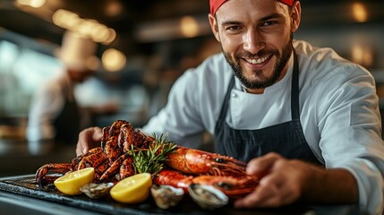 Chef presenting grilled seafood platter in a busy restaurant kitchen