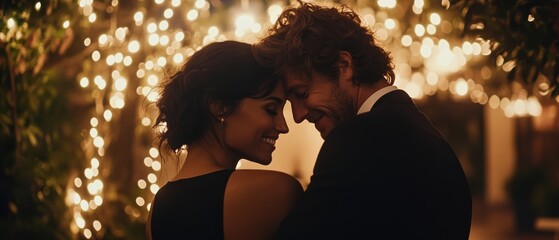Fototapeta premium Under a canopy of twinkling lights, a couple shares a joyful moment, embodying warmth and connection in an intimate setting.