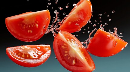 Close up of a tomato slice with water droplets surrounding it. Concept of freshness and vitality, as the tomato is a symbol of health and nutrition. The water droplets add a dynamic