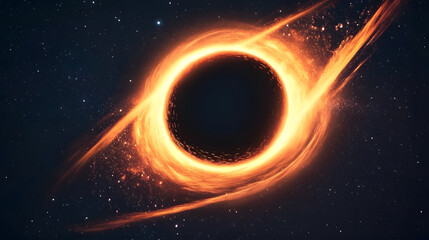 Surreal artistic visualization of a black hole in the sky with a dark center and surrounding cosmic elements