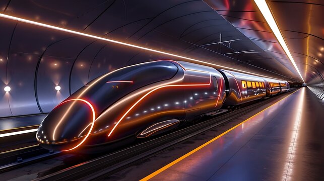 A futuristic hyperloop station with sleek designs and vibrant lighting.

