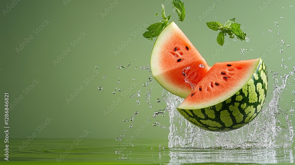 Poster watermelon slice is floating in a pool of water. the watermelon is cut in half and has a few seeds. 