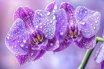 Vibrant purple orchid with delicate petals adorned by water droplets in dreamy bokeh background