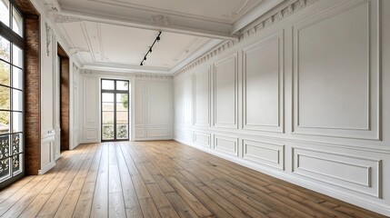 Elegant empty room with classic white wall paneling, luxurious hardwood flooring