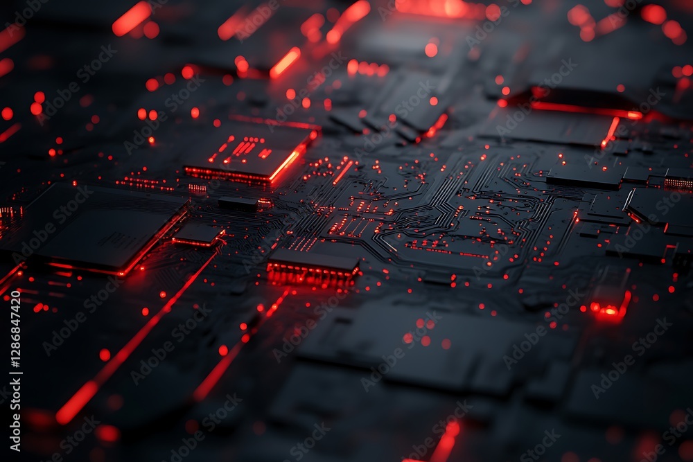 Poster abstract close-up of a circuit board with red glowing lines