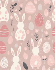 A charming Easter-themed seamless pattern pastel-colored bunnies, decorated eggs, floral elements on a soft, muted pink background. Easter holiday designs, greeting cards, festive decor
