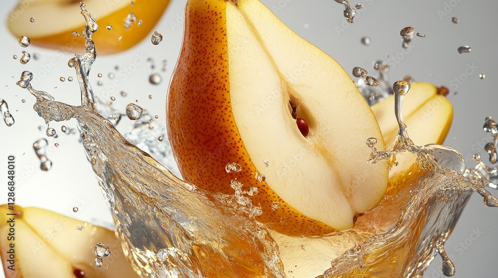 Aufkleber splash of water with a slice of pear in it. the pear is cut in half and is floating in the water
