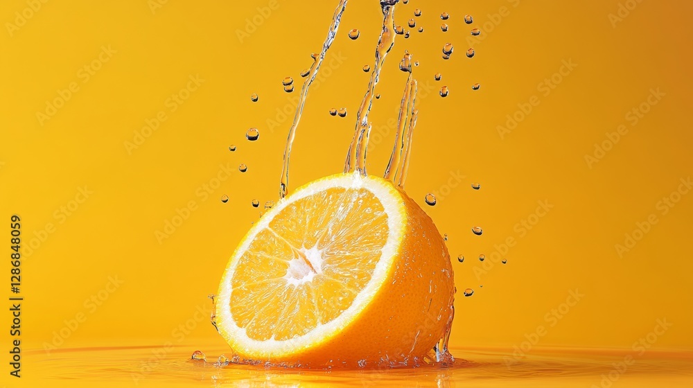 Poster slice of orange is floating in a pool of water. the orange is partially submerged, with its stem sti