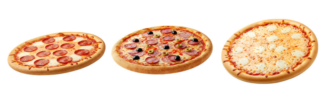 Conjunto de tr&ecirc;s pizzas flutuando isoladas, deliciosas pizzas de calabresa, portuguesa, e tr&ecirc;s queijos 