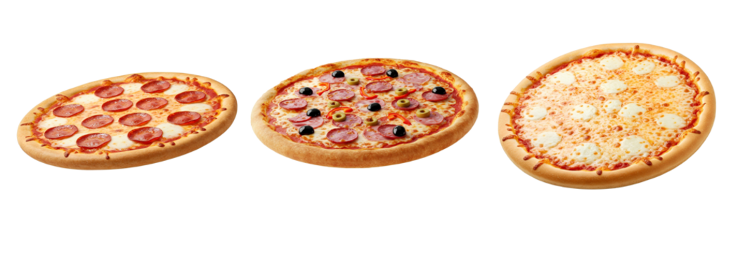Conjunto de três pizzas flutuando isoladas, deliciosas pizzas de calabresa, portuguesa, e três queijos 