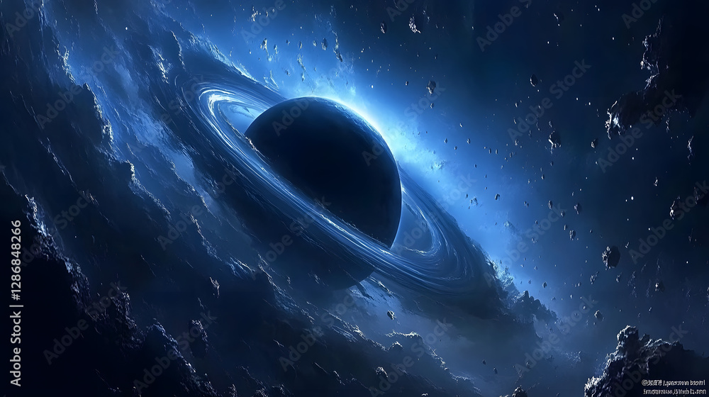 Poster surreal space scene featuring a planet surrounded by stars and cosmic elements in a dark background