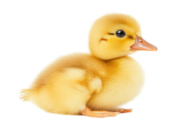 Adorable fluffy yellow duckling with orange beak and webbed feet sits on a transparent background studio shot