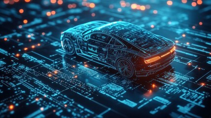 A car icon with transparent layers of data, glowing with neon blue light, surrounded by interactive digital elements and analytics charts for automotive marketing