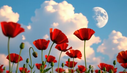 Fototapeta premium Red poppies sway in a vibrant field under a bright moonlit sky with fluffy clouds at dusk