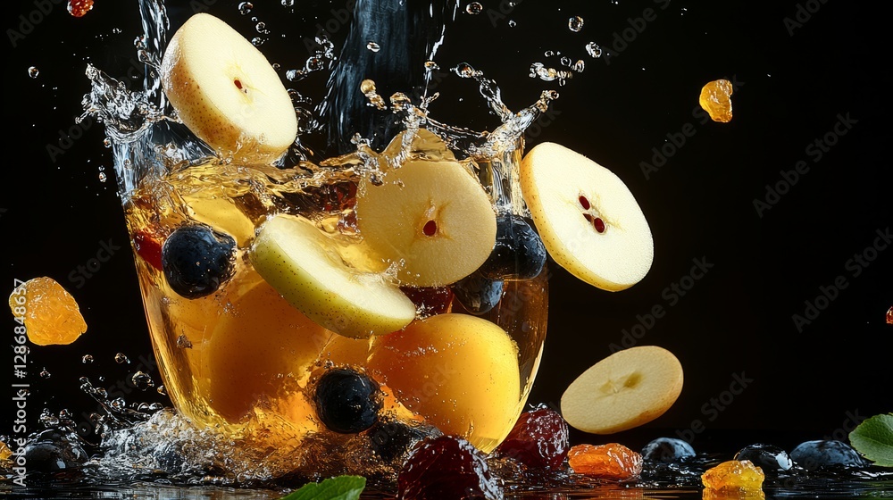 Poster bowl of fruit with apples and blueberries in it is splashing water. the fruit is floating in the wat