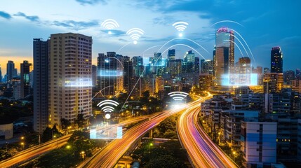 Obraz premium Futuristic cityscape with glowing structures and digital pathways, showcasing advanced urban innovation. 