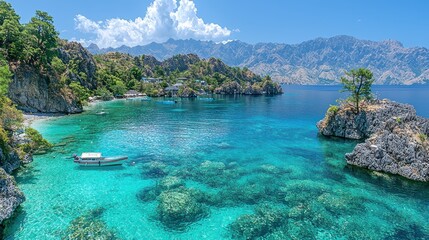 Obraz premium Turquoise Water and Coastal Scenery in Turkey with Boat and Islands