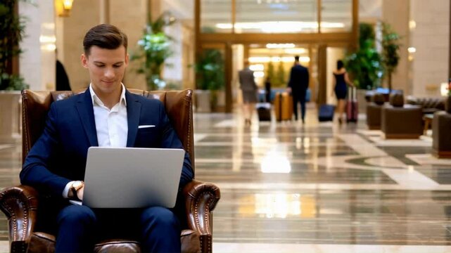 Young Businessman using laptop in hotel lobby while people are going out with luggage  in background. Traveling and business concept.