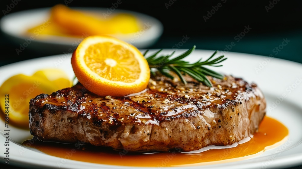 Poster piece of meat with a slice of orange on top of it. the orange slice is cut in half and placed on the