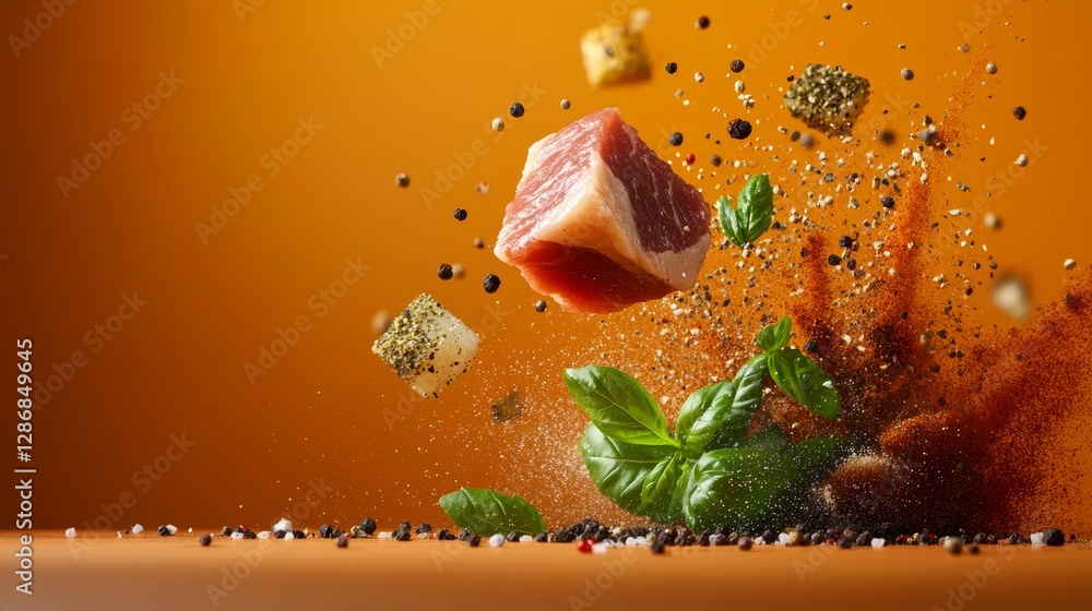Poster close up of a meat cube with a bunch of spices and herbs on top of it. the spices and herbs are flyi