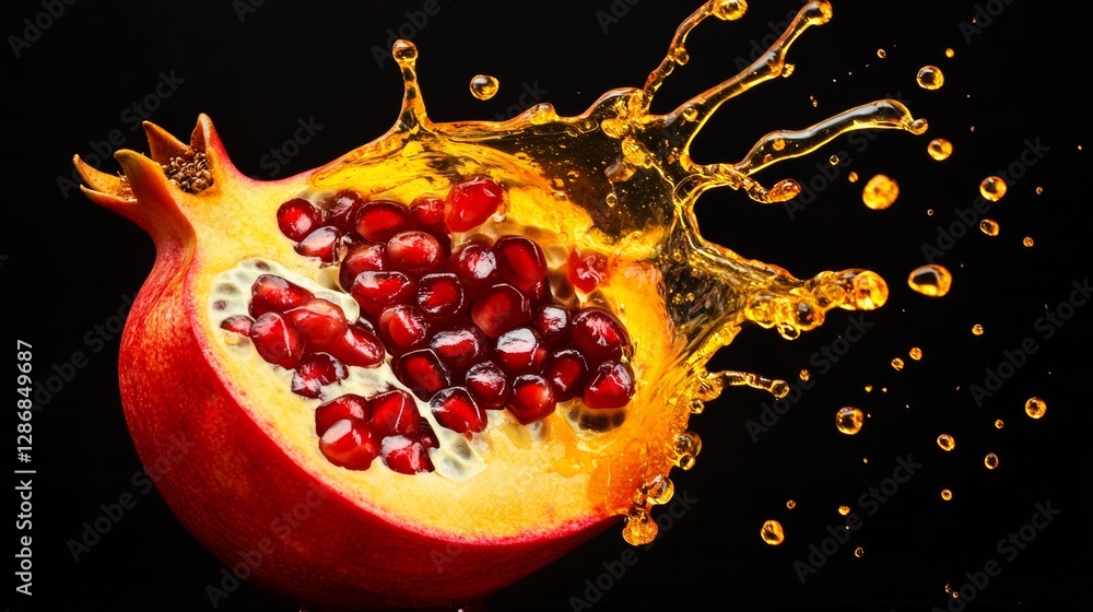 Poster red pomegranate is sliced open and the juice is splashing out. concept of freshness and vitality, as