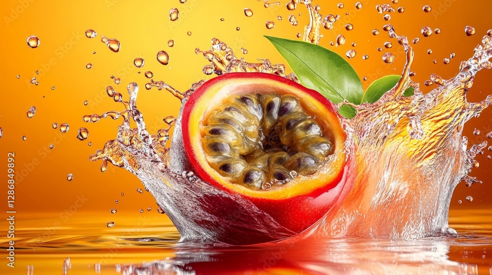 Poster red fruit with a green leaf on top is floating in a splash of water. the splash of water creates a s