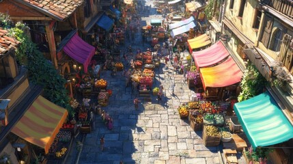 Naklejka premium A vibrant marketplace bustling with shoppers and colorful stalls