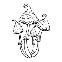 Mystical mushroom in doodle style, outline, silhouette. Whimsical, fantastic mushroom.