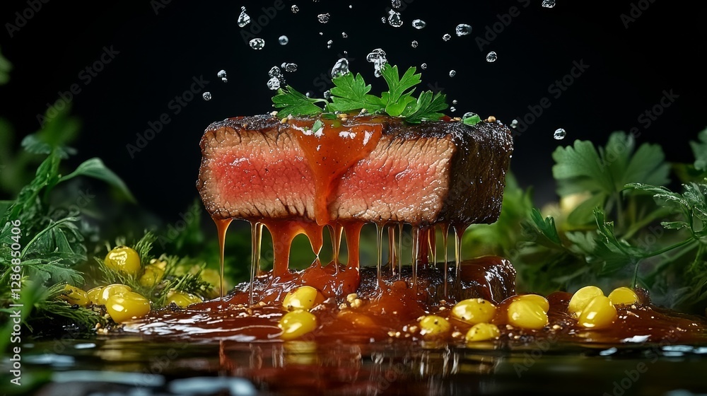 Poster piece of meat with sauce dripping from it on a plate of vegetables. the vegetables are green and inc