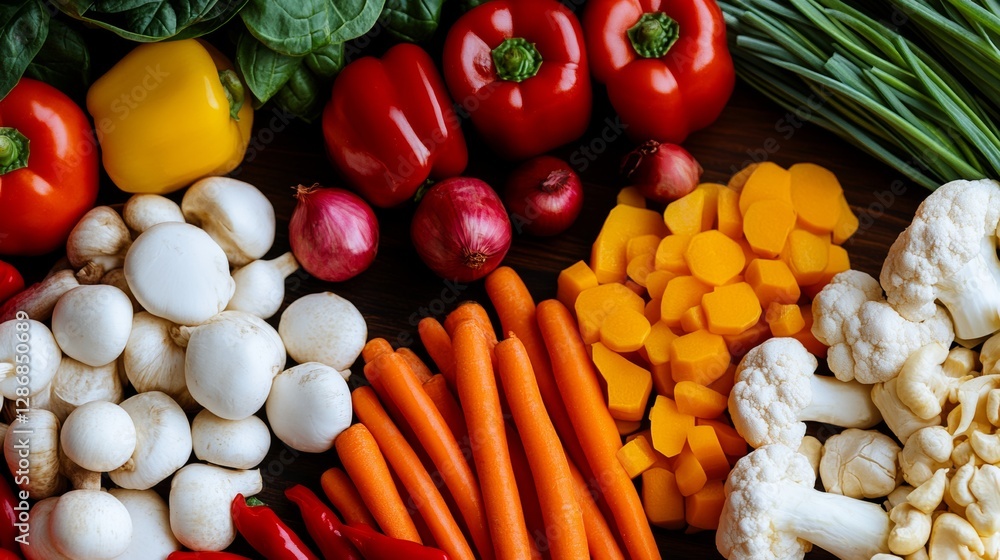 Poster variety of vegetables including carrots, onions, and broccoli are displayed on a table. the vegetabl