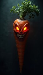 Obraz premium a creatively designed carrot with a menacing face and glowing eyes, perfect for halloween-themed projects, food marketing, or quirky decor.