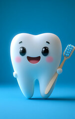 Blue background tooth with brush. A smiling tooth character holds a toothbrush on a bright blue background, promoting dental health.