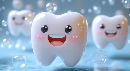 Happy teeth floating in bubbly water. Three cheerful teeth with smiling faces float playfully in refreshing bubbles under bright light.