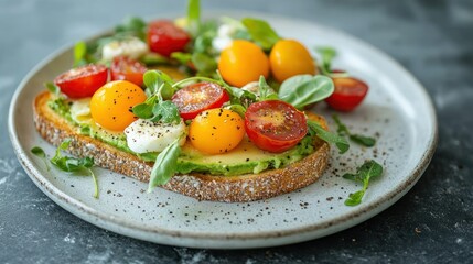 Colorful avocado toast with mozzarella, cherry & yellow tomatoes on a plate, healthy breakfast, appetizing food