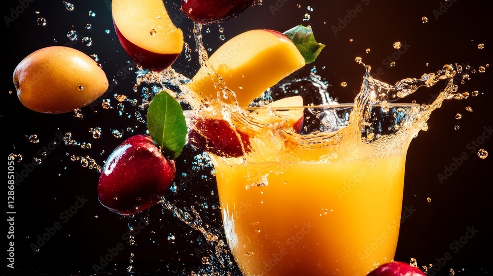 Poster glass of orange juice with a splash of watermelon and apple slices. the image has a playful and refr