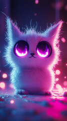 A cute, fluffy white cat with large glowing eyes, surrounded by colorful lights.