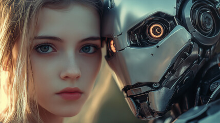 Girl with female silver cyborg