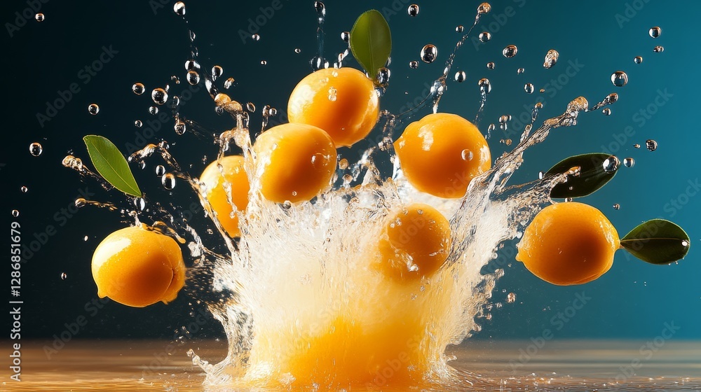 Poster splash of orange juice with a bunch of oranges and a leaf. the oranges are floating in the water and