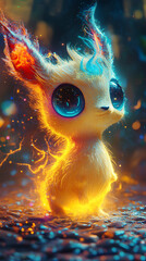 A cute, glowing creature with large eyes and colorful flames, evoking a whimsical fantasy.
