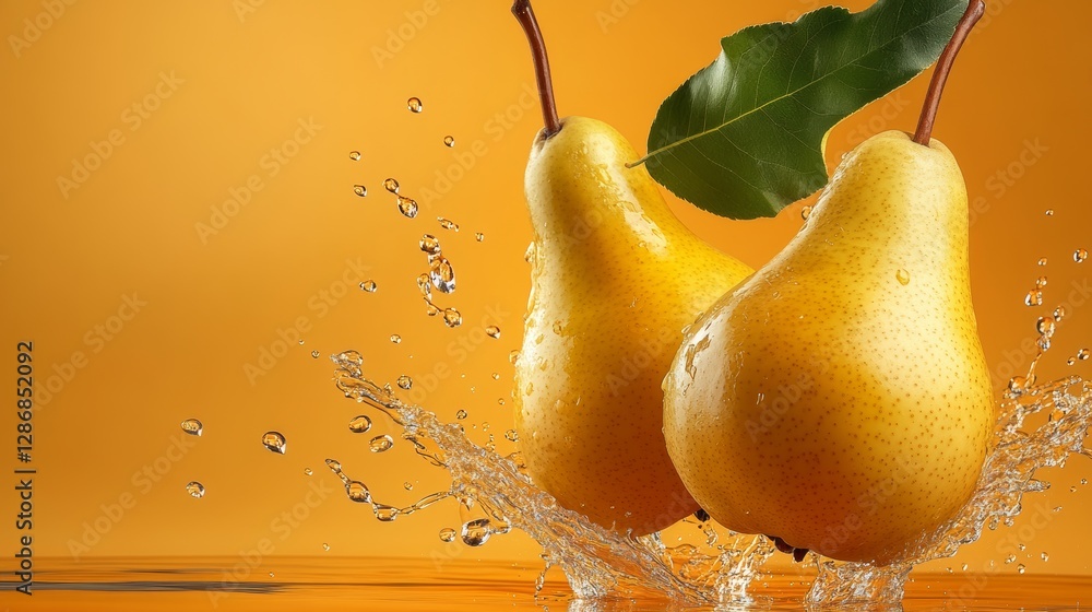 Aufkleber two ripe pears are falling into a pool of water. the water is splashing and the pears are floating o