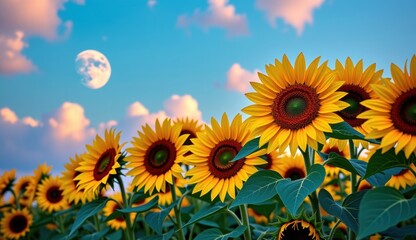 Obraz premium Sunflowers bloom under a vibrant sky with a full moon and clouds during sunset