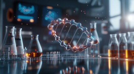 Scientific discovery in a lab dna structure model research facility digital art modern environment close-up perspective