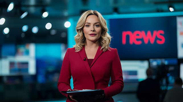 News Anchor in Studio: A professional woman in a red suit presents the news in a modern studio with screens and camera crew visible in the background.