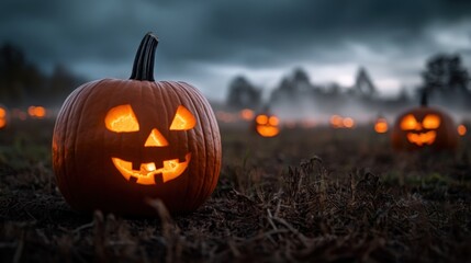 Spooky halloween celebration pumpkin patch night scene dark atmosphere close-up view seasonal festivity